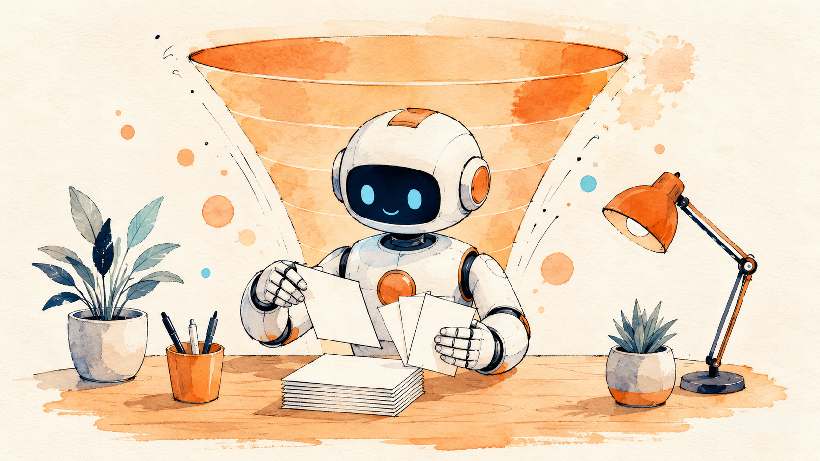 A friendly robot sorting candidate cards with a soft funnel behind it