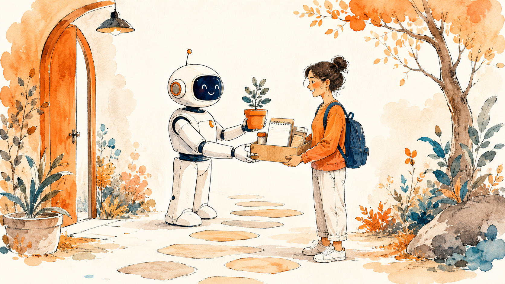 A friendly robot reading a soft dashboard with an upward trend line