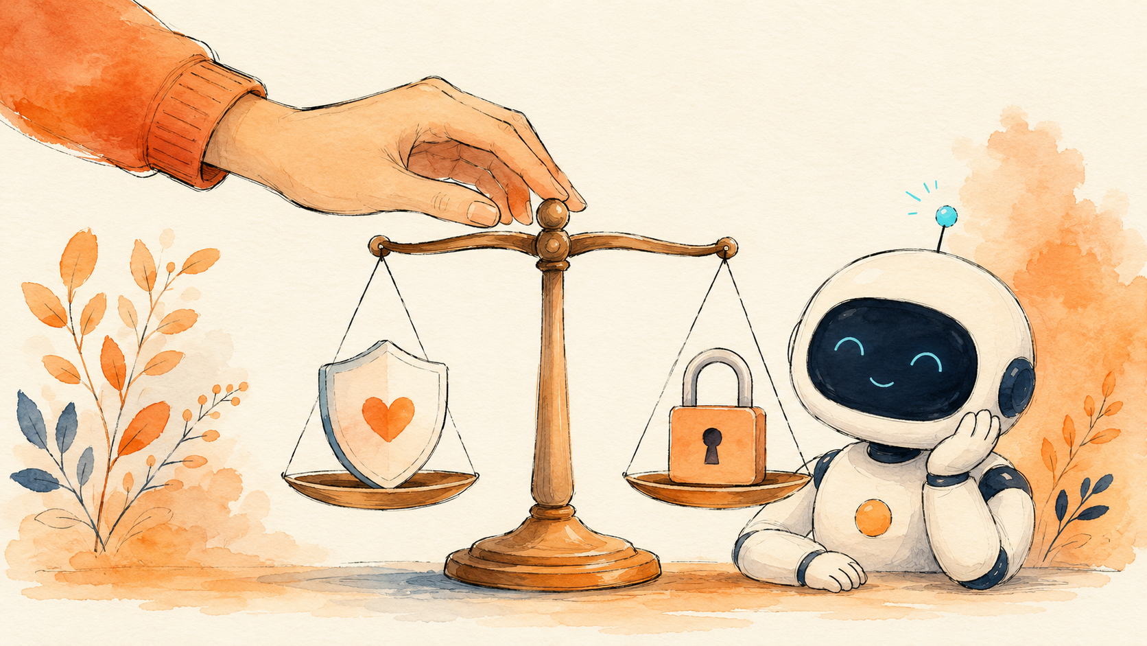 A balance scale with a shield and a padlock and a human hand, beside a friendly robot