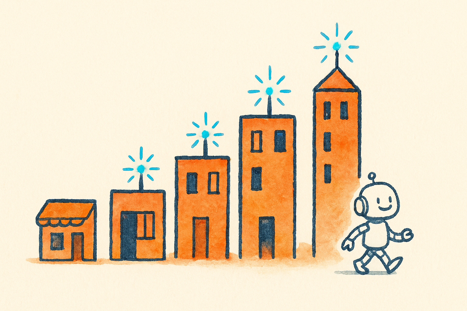 A row of buildings growing from a tiny shop to a tall tower with brighter sparks on the larger ones and a friendly robot
