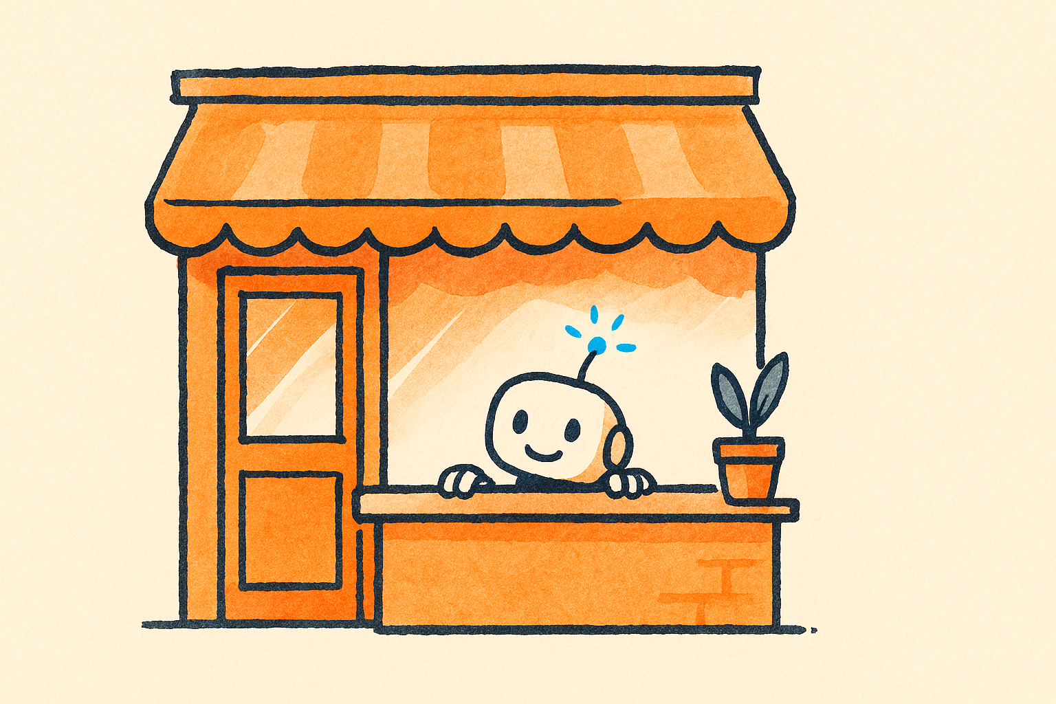 A cozy small storefront with a friendly robot at the counter and a small plant