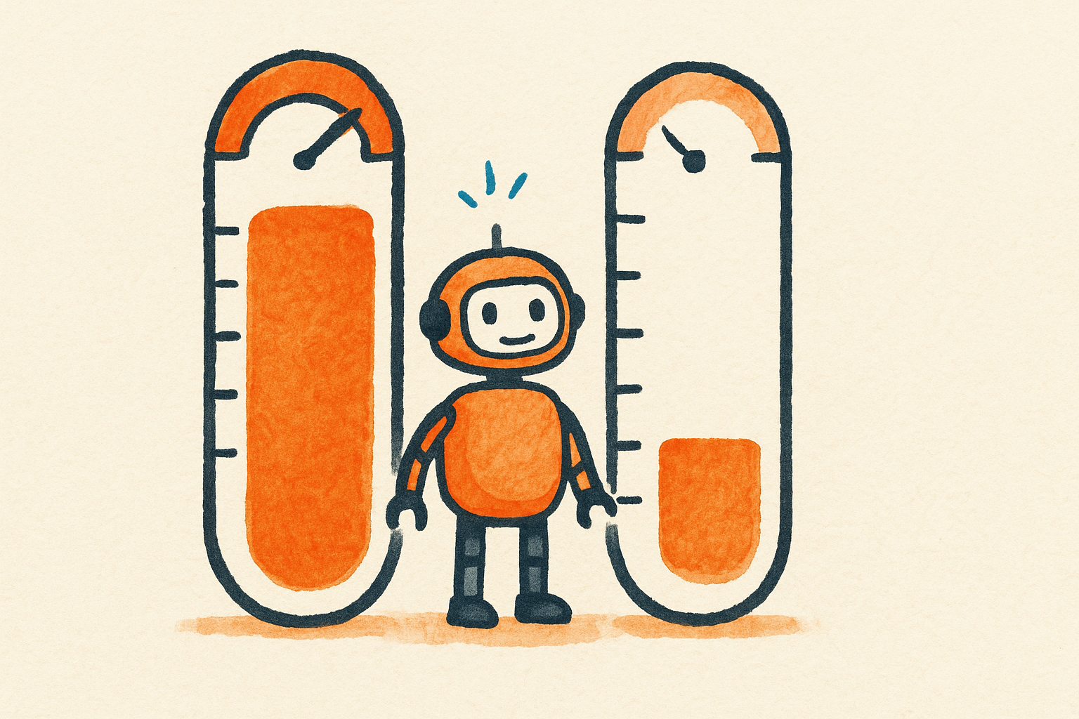 Two measuring gauges one nearly full and one a fifth full with a friendly robot between them