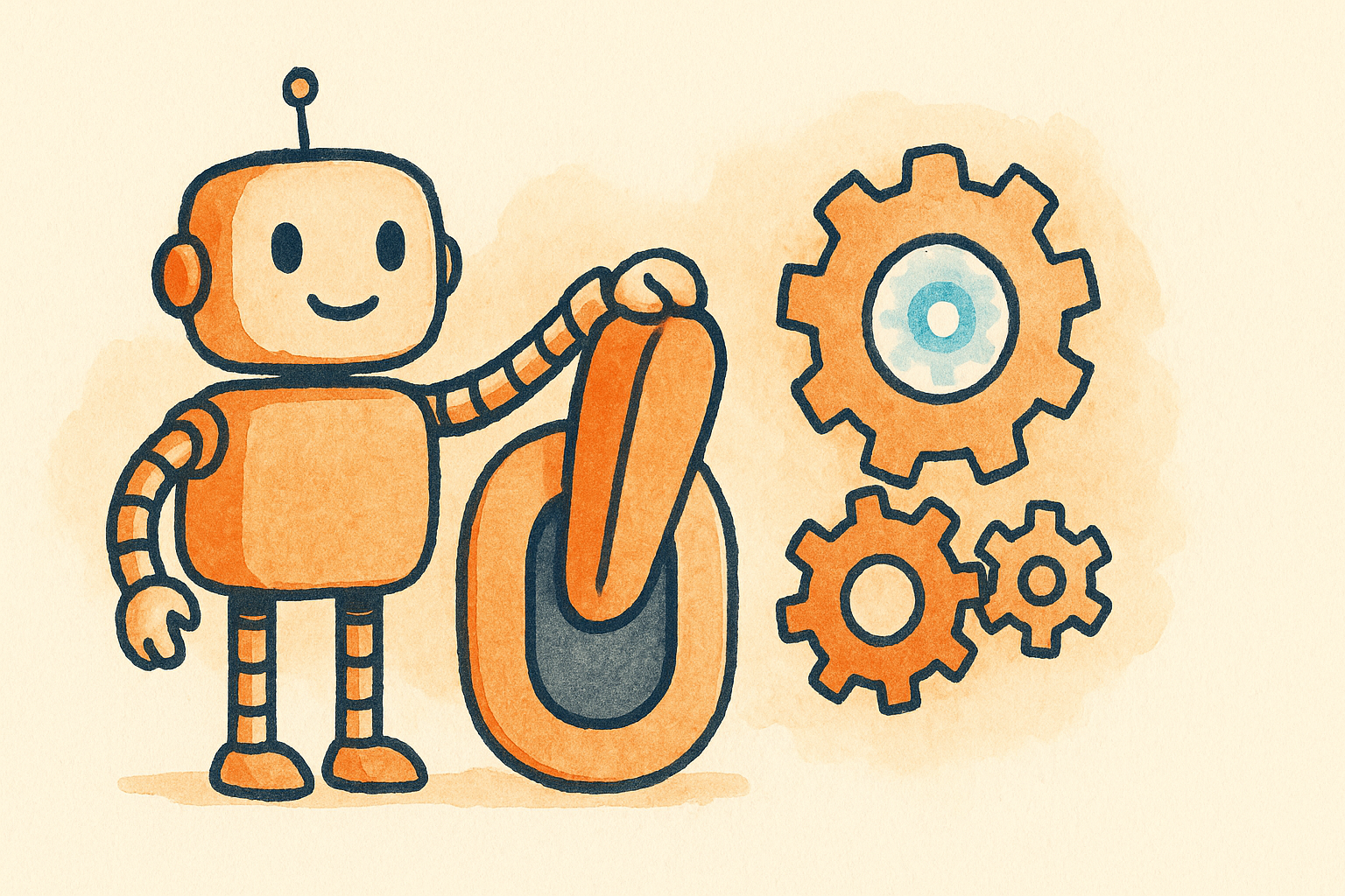 A friendly robot flipping an on switch beside a machine of gears with one gear starting to glow and turn