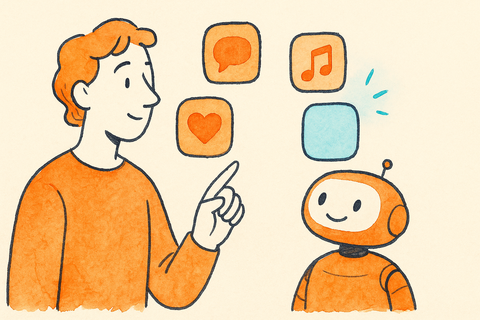 A person and a robot choosing among glowing app tiles