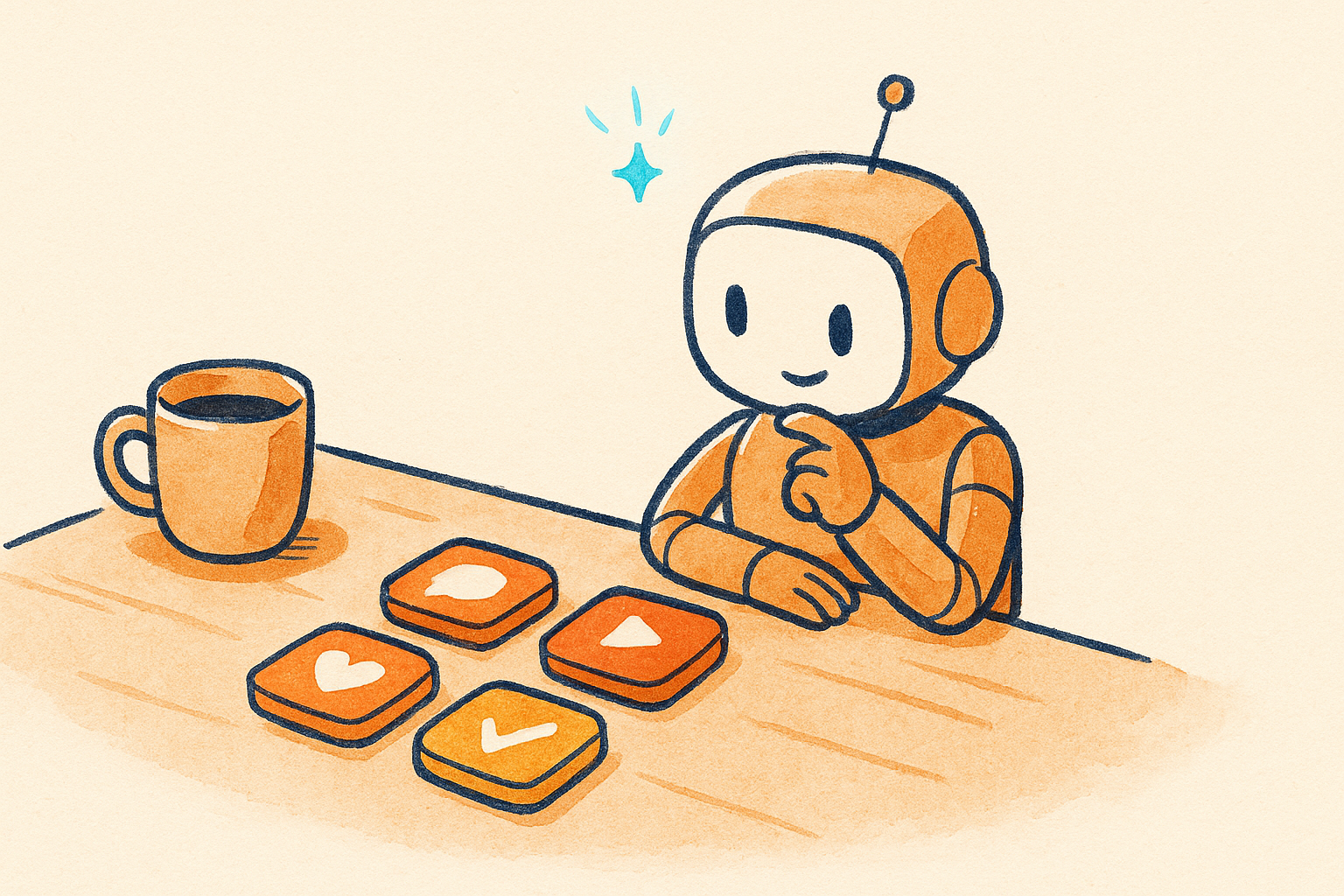 A friendly robot considering several app tiles on a tidy desk