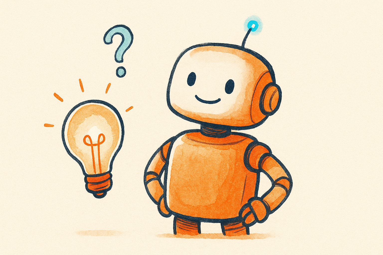 A friendly robot beside a glowing lightbulb and a question mark