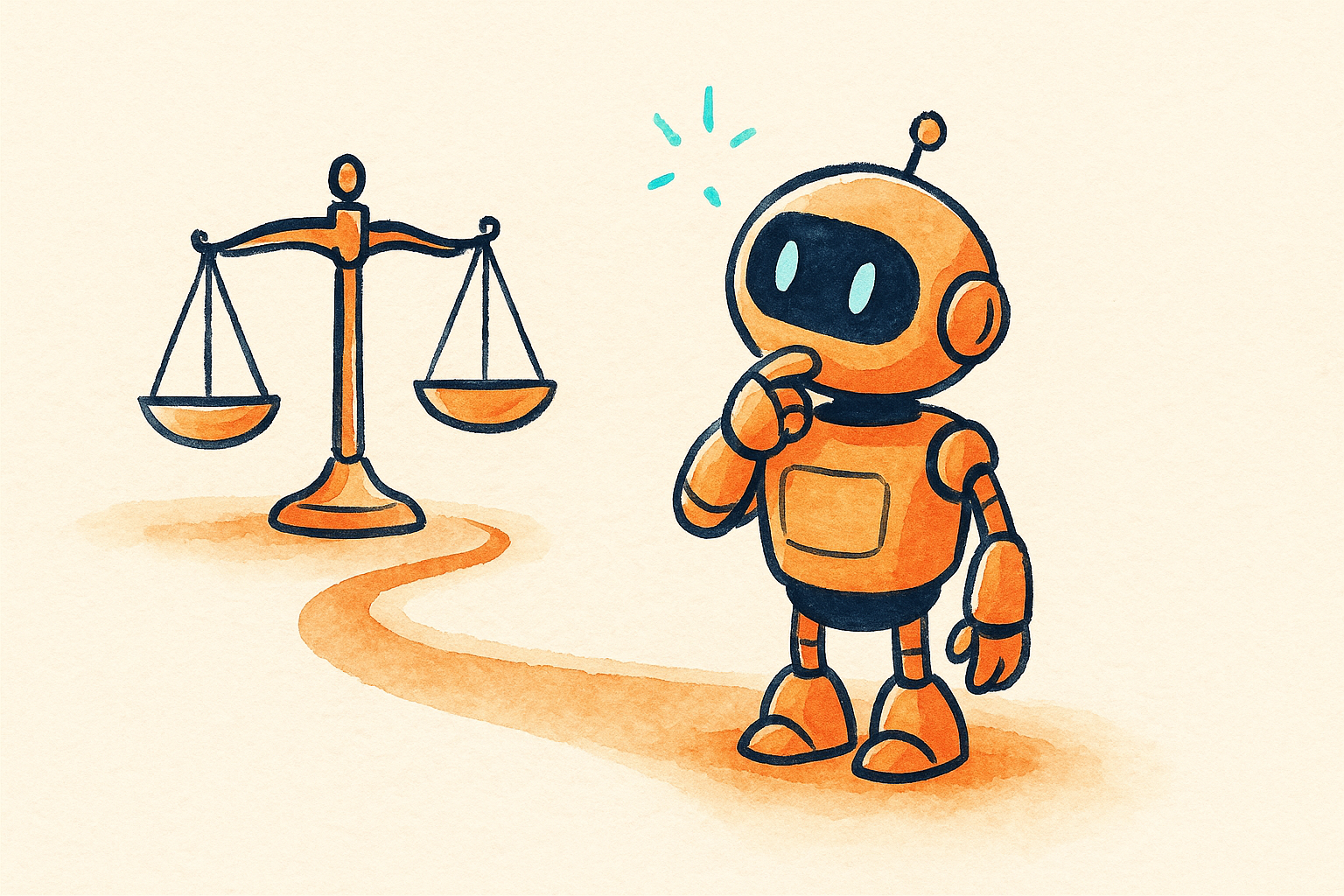 A robot pausing on a winding path beside a balance scale