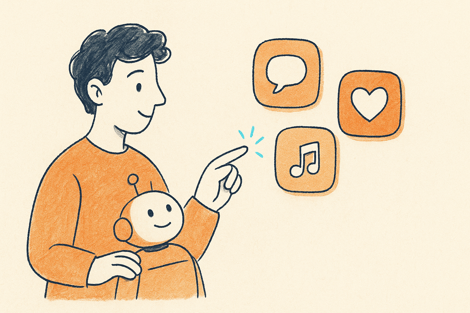 a person and a friendly robot choosing among glowing app tiles