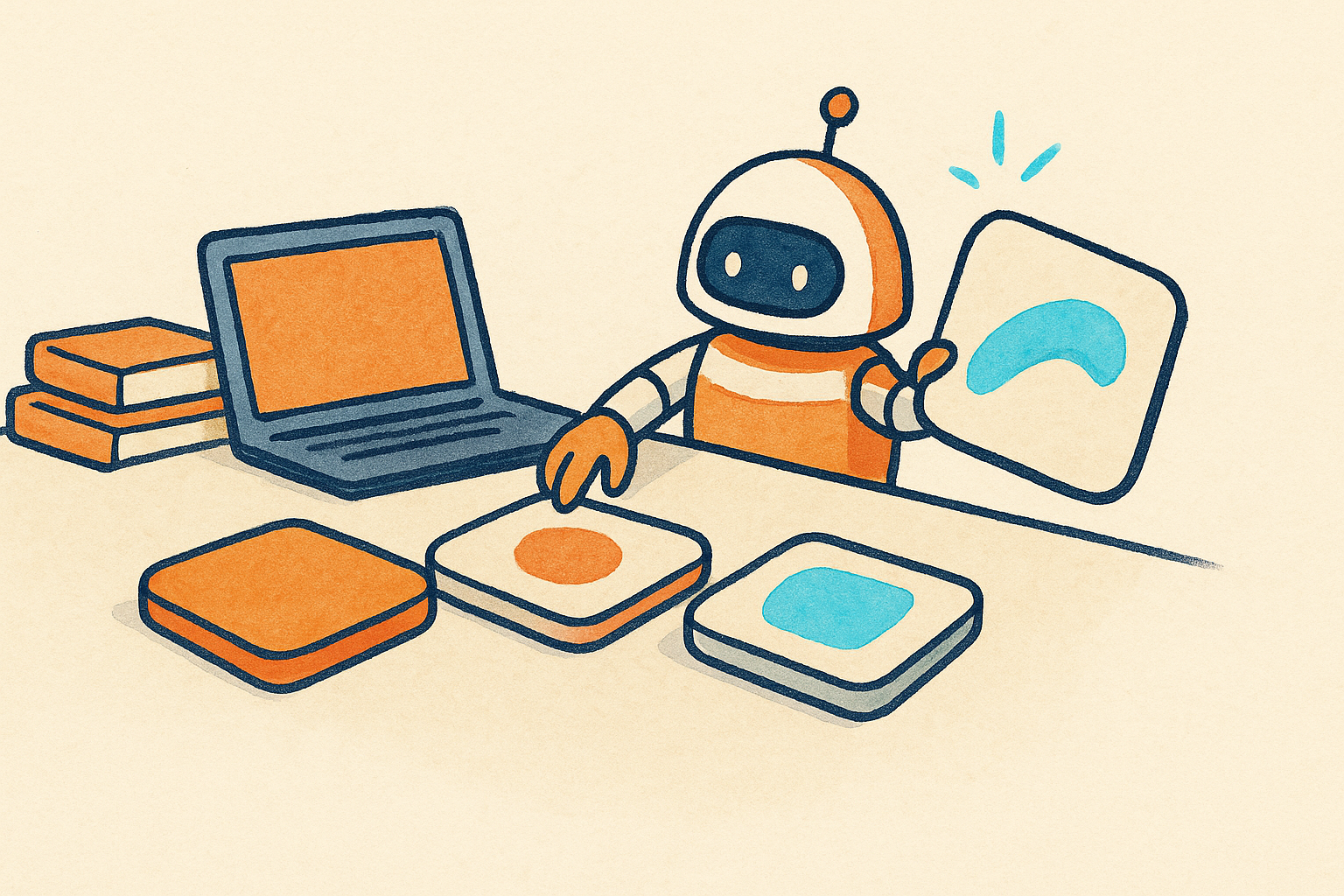 a tidy developer desk with app tiles and a friendly robot arranging them