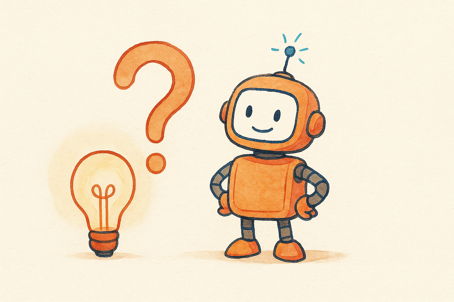 a friendly robot beside a glowing lightbulb and a question mark shape