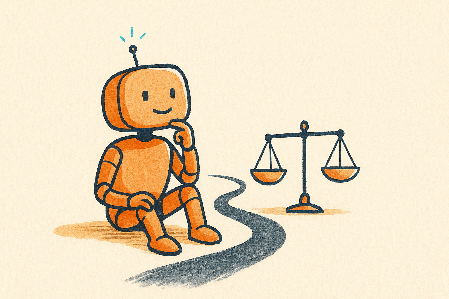 a friendly robot pausing on a winding path beside a balance scale