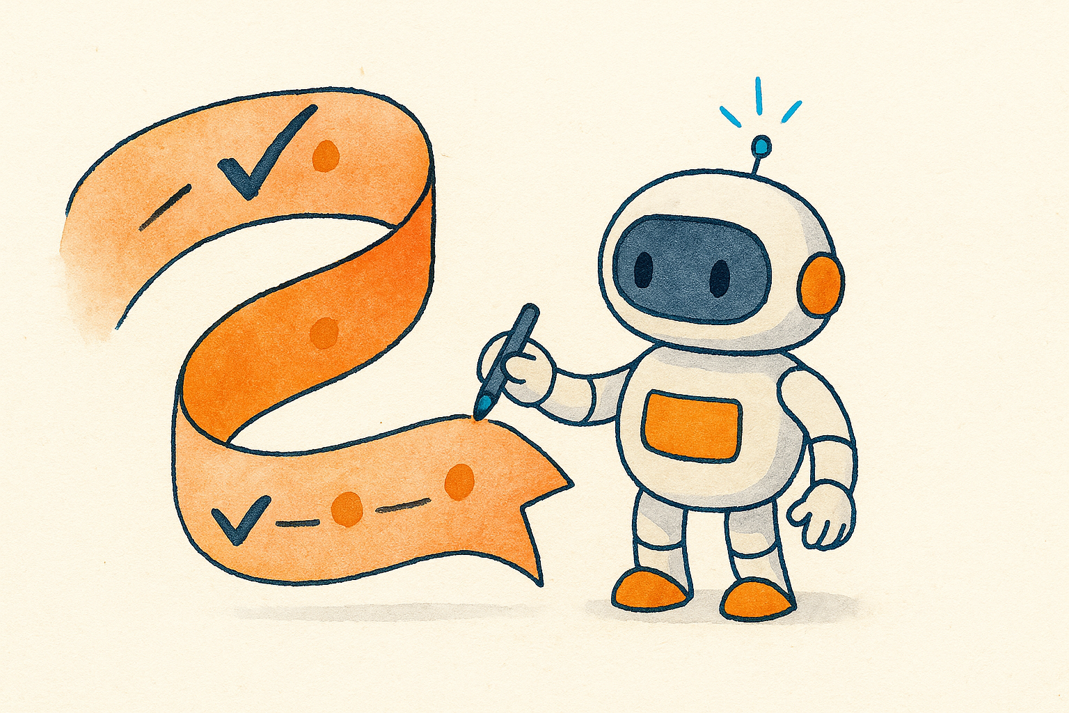 A friendly robot placing checkmarks on a soft checklist ribbon