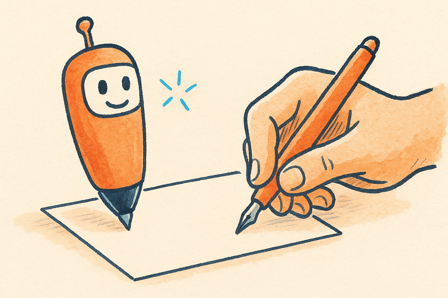 A robot pen and a human hand together over a blank letter card