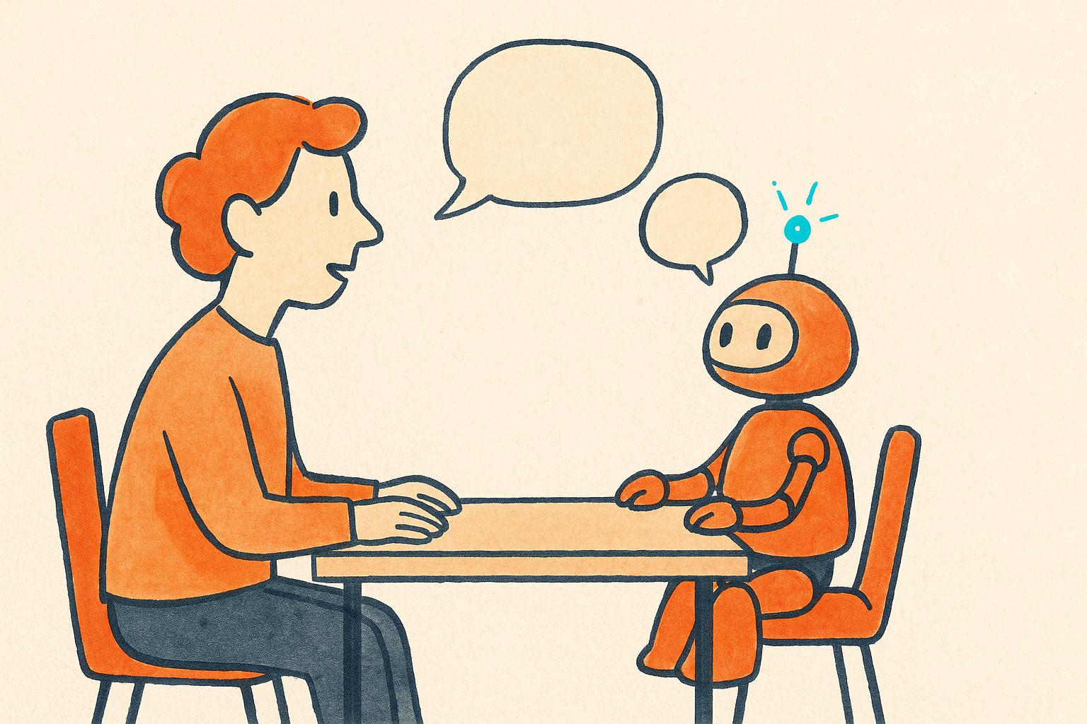 A person and a small friendly robot practicing an interview across a table