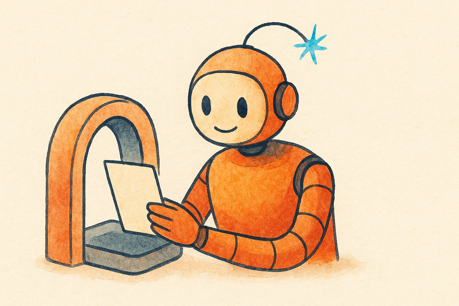 A friendly robot reading a document card passing through a soft scanner