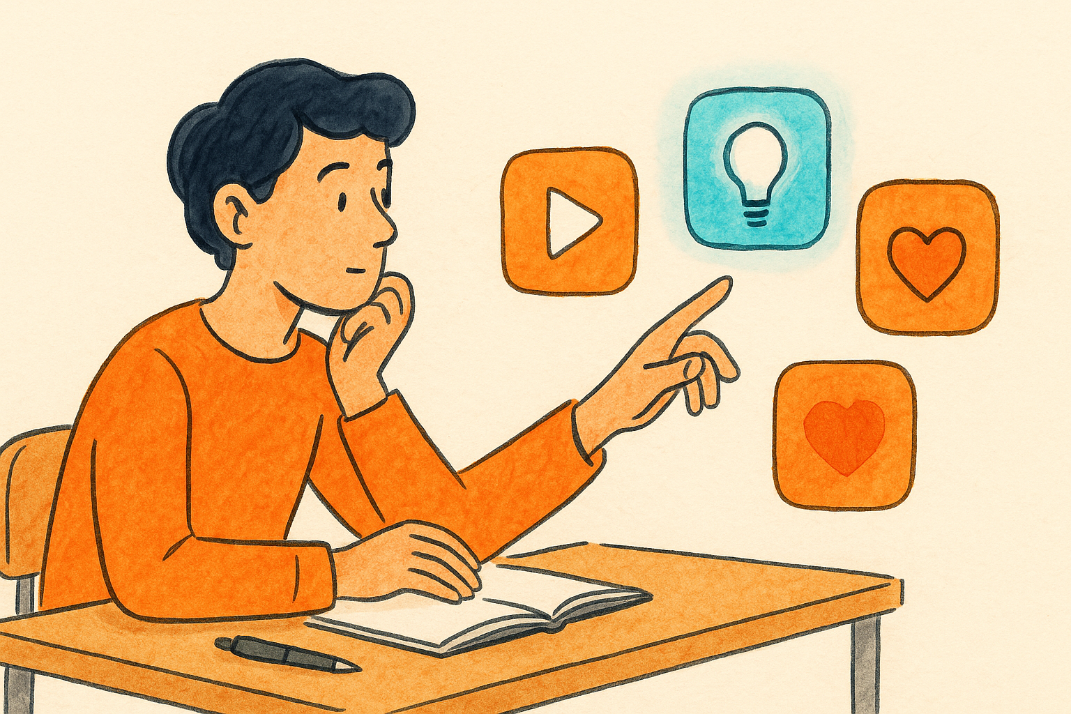 Illustration of a student choosing among a few glowing app cards