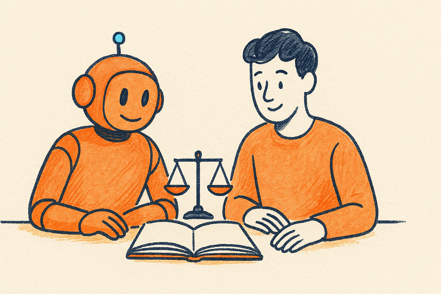 Illustration of a robot and a student at a desk with a small balance scale