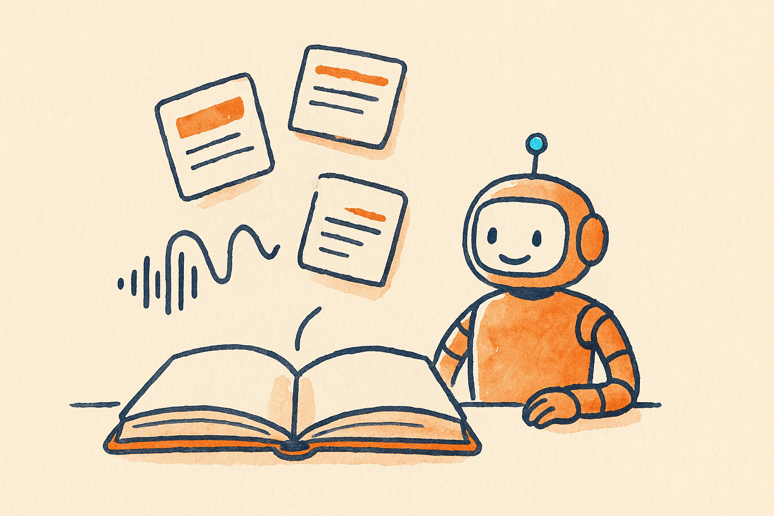 Illustration of an open notebook turning into floating study cards with a friendly robot beside it