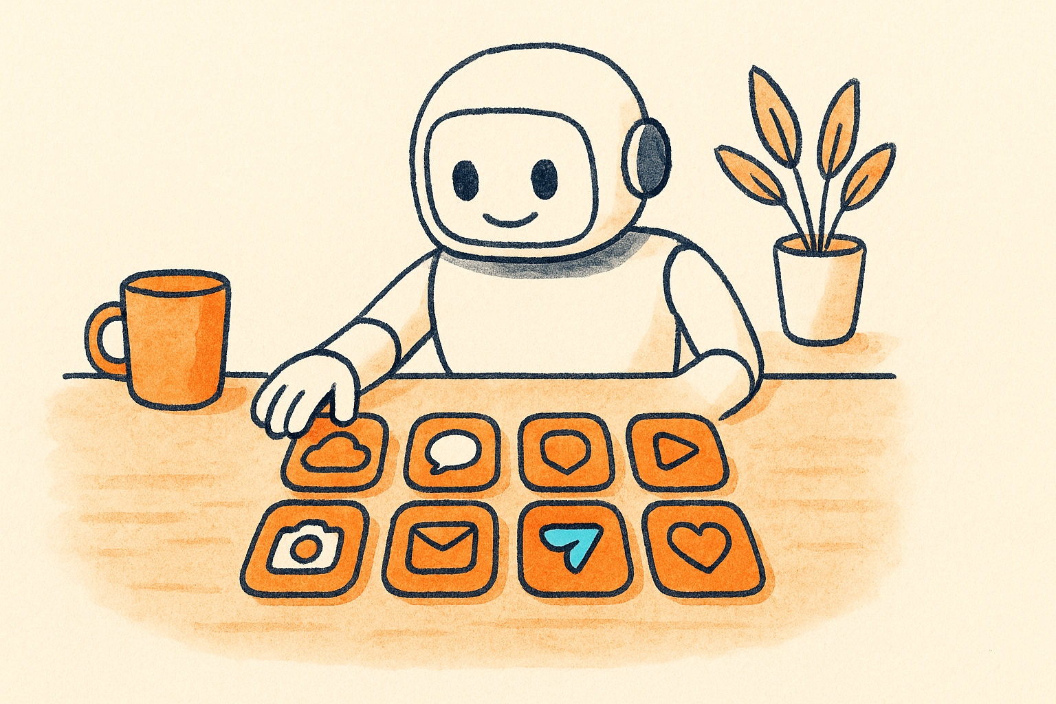 Illustration of a friendly robot arranging small app tiles on a tidy desk