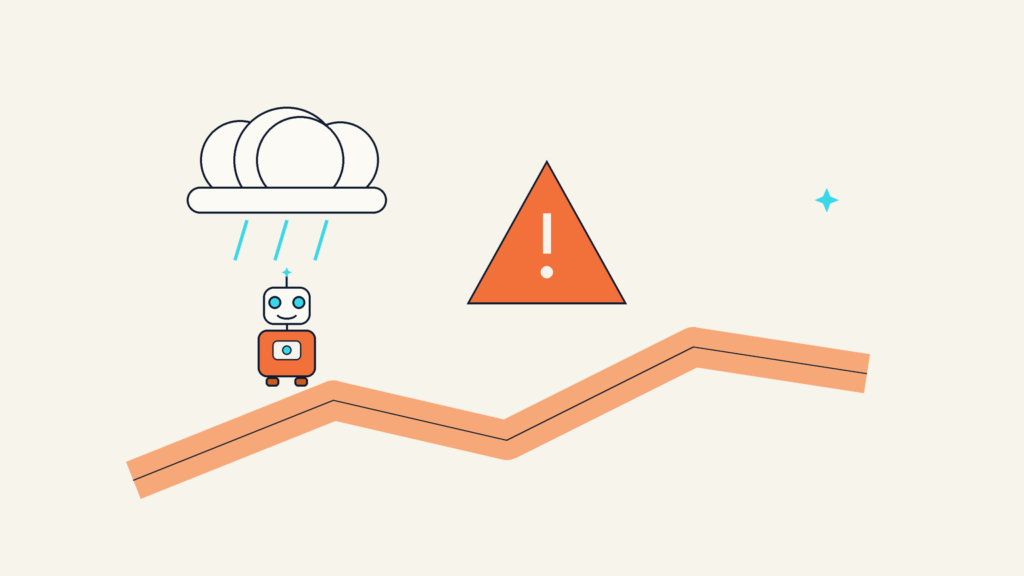 a friendly robot on a winding path beside a warning triangle and a rain cloud