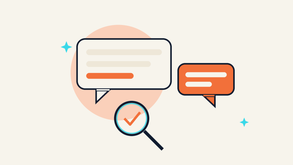 Two chat bubbles with a magnifying glass and a check mark verifying the answer
