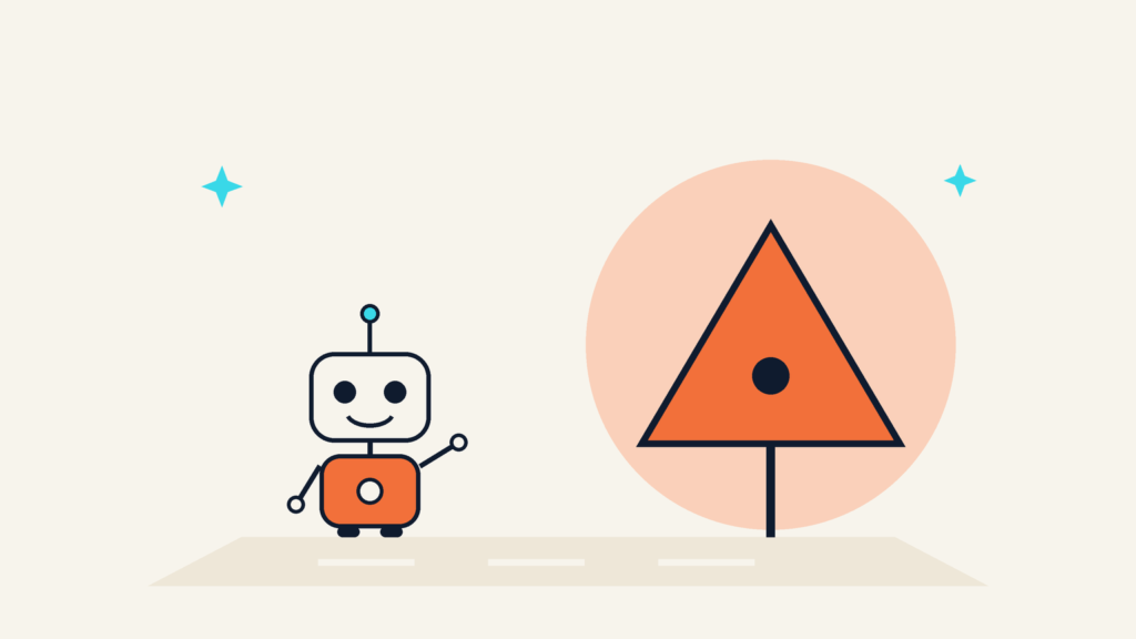 Small robot pausing on a path beside a large orange caution sign