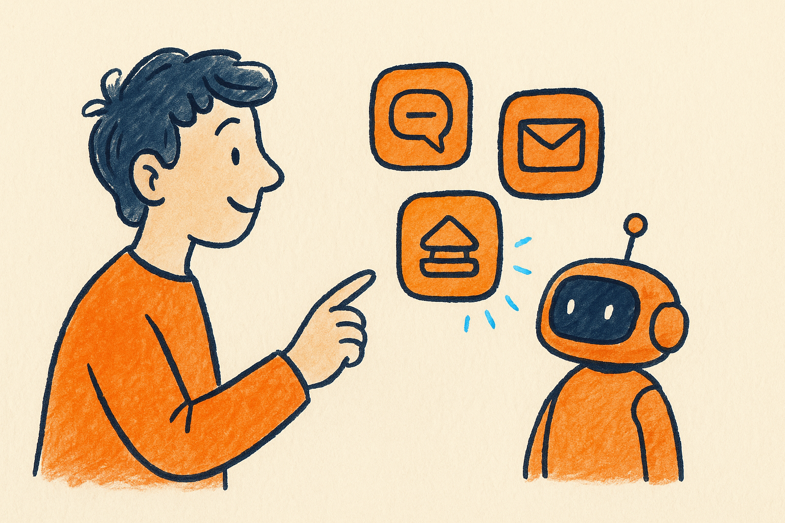 A person and a small robot choosing among a few glowing rounded app tiles