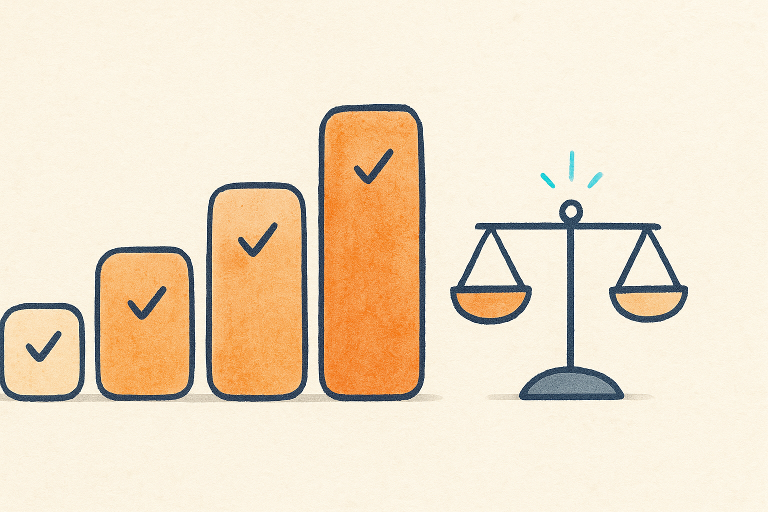 Row of soft rounded comparison cards of different heights with a small balance icon