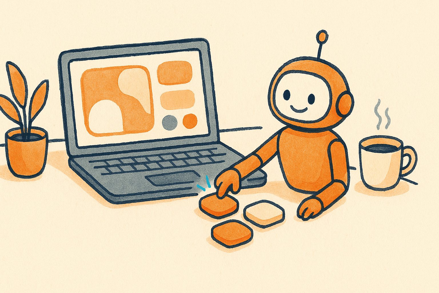 A tidy desk with a laptop, rounded app tiles, and a small friendly robot helper