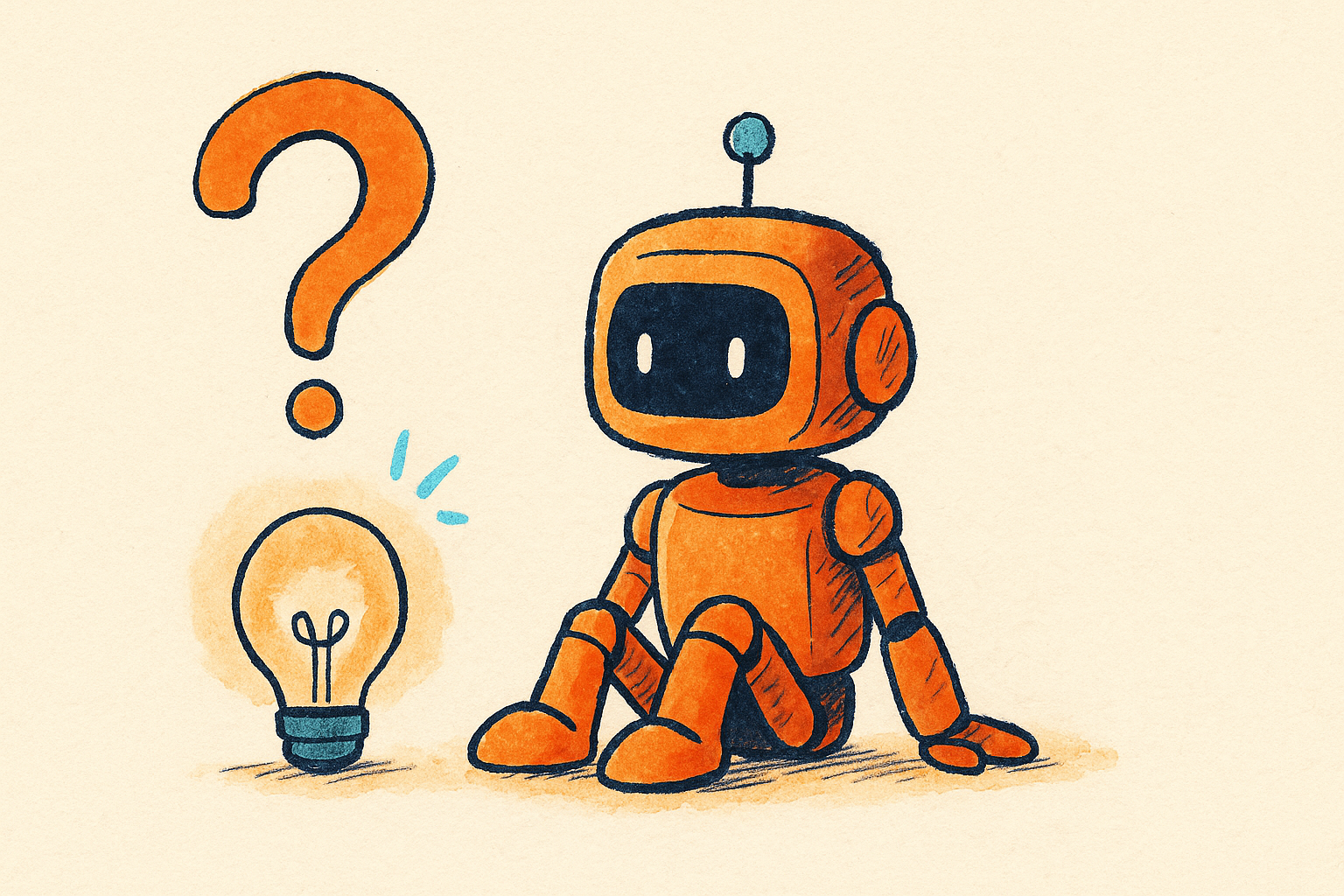 A friendly robot beside a glowing lightbulb and a soft question mark