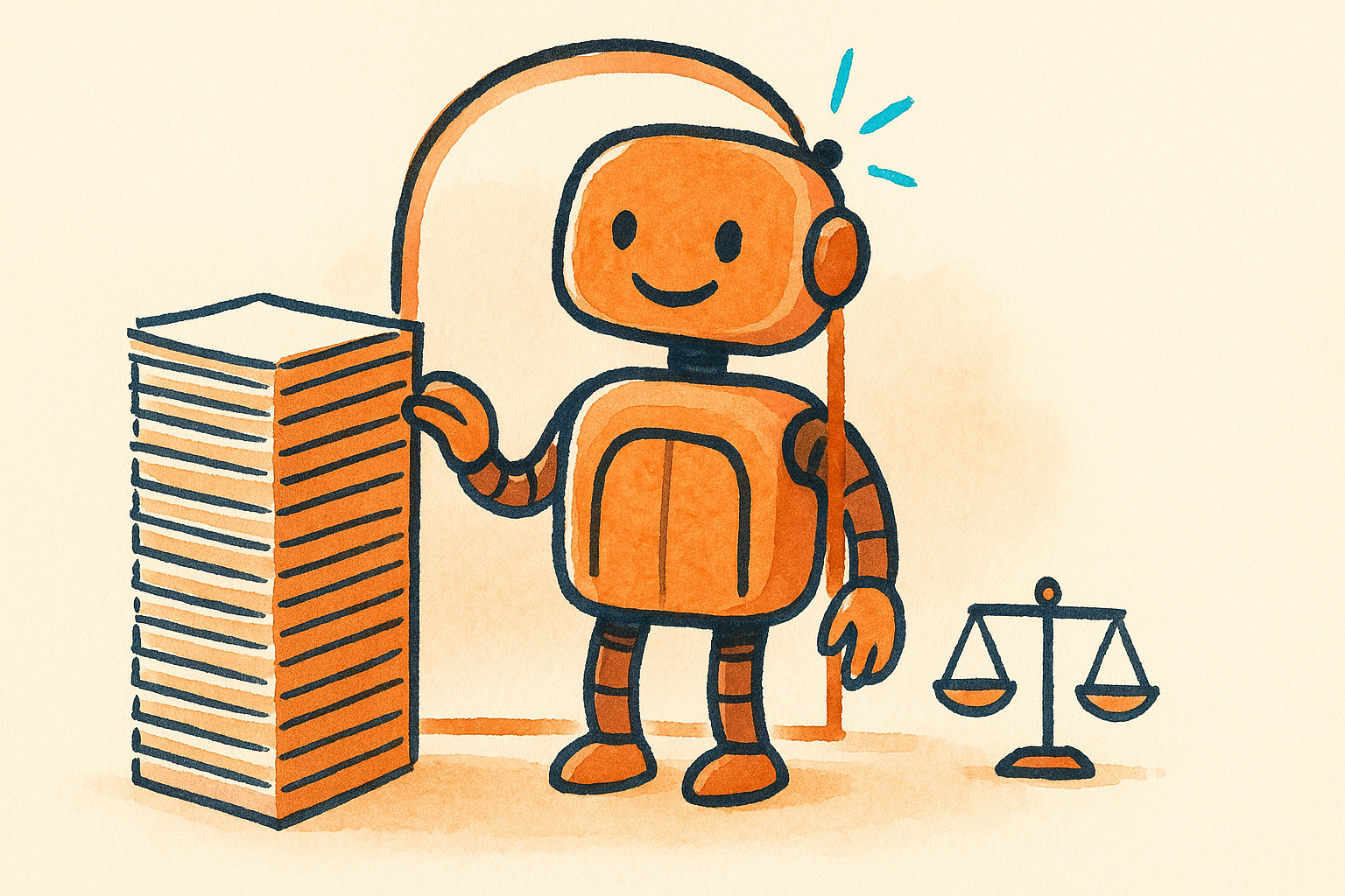 Robot beside a tall stack of identical papers and a balance scale