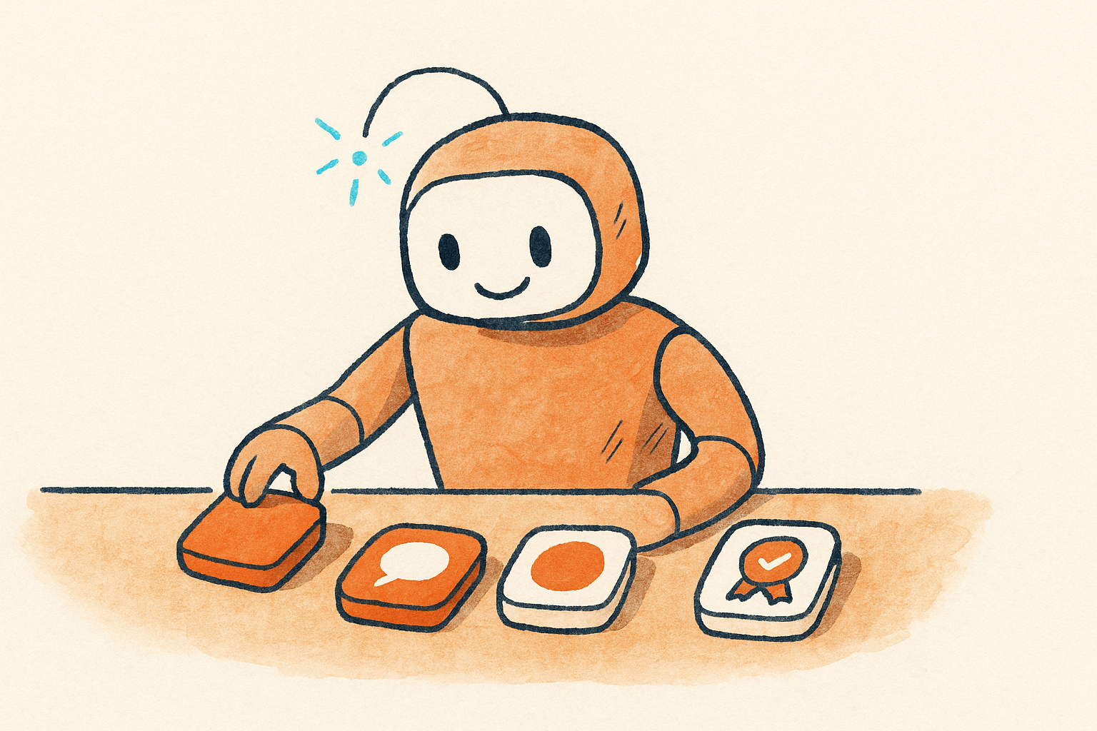 Friendly robot arranging app tiles on a tidy desk
