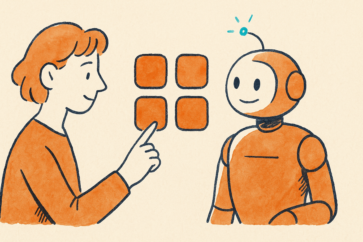 A person and a robot choosing among glowing app tiles