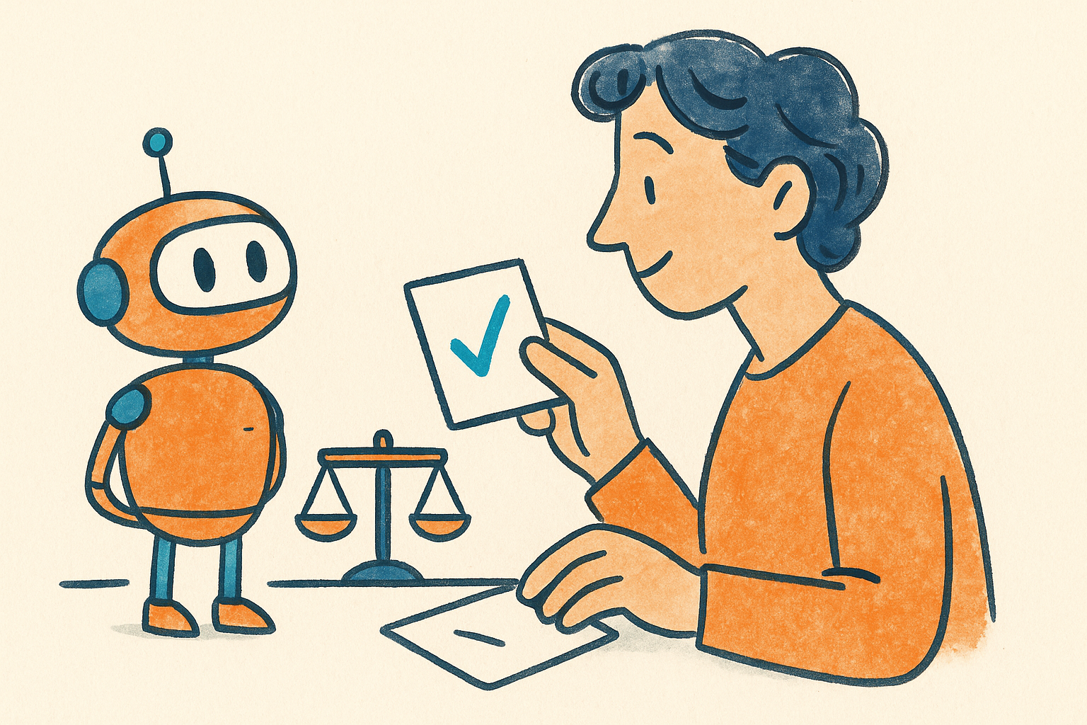 a person reviewing and approving a letter while a friendly robot waits