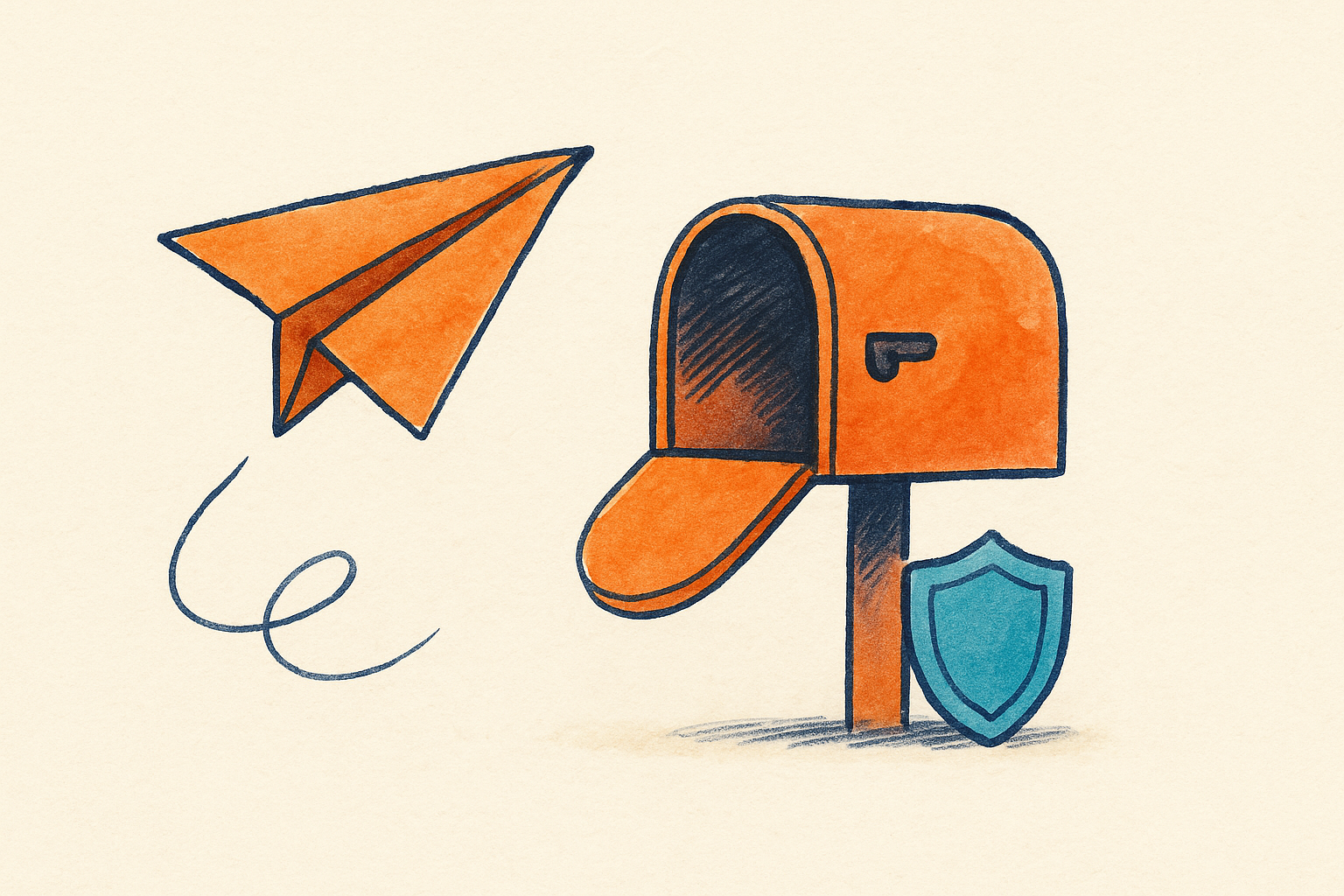 a letter flying cleanly into an open mailbox beside a small shield