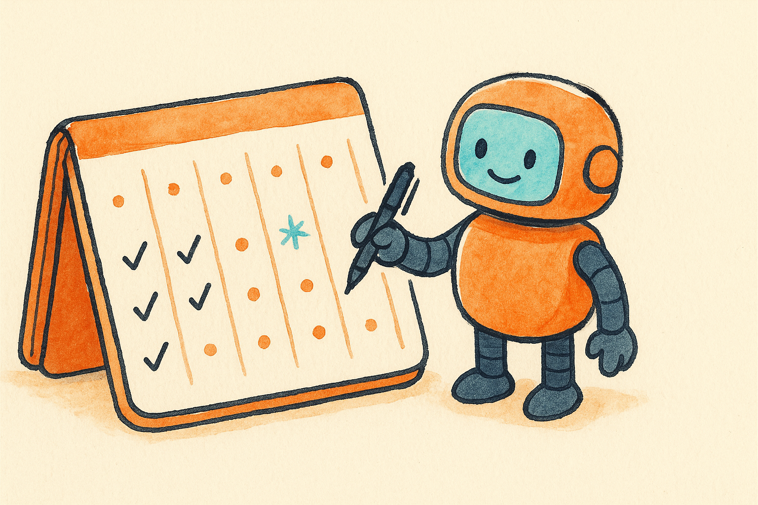 a weekly planner with milestone dots and a small robot adding checkmarks