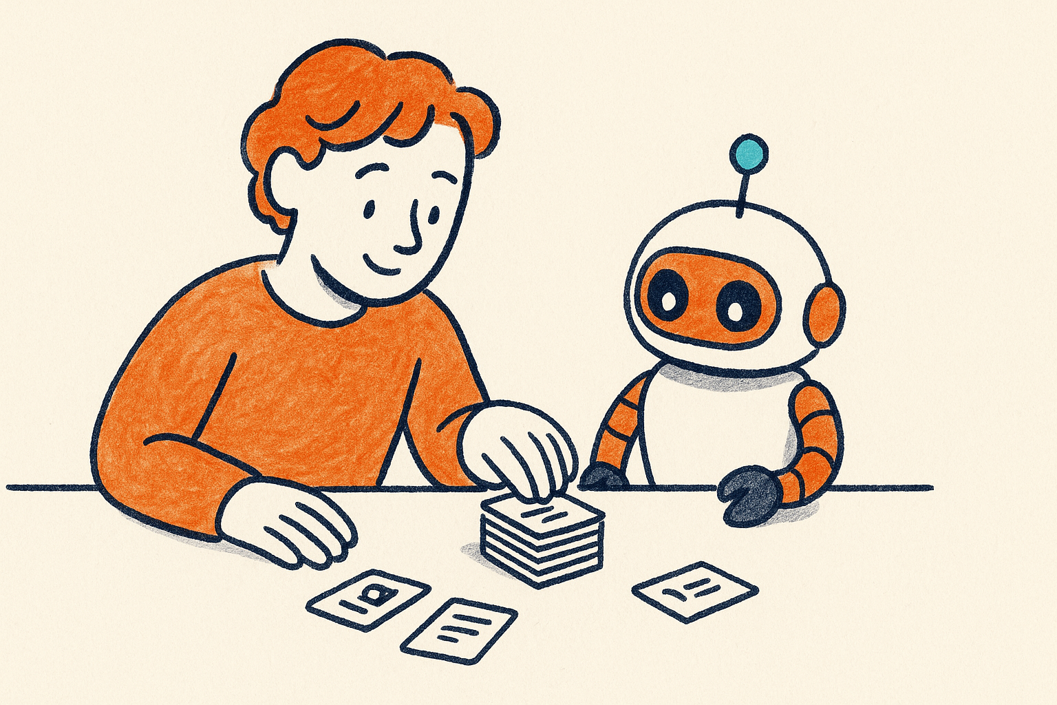 a person and a friendly robot sorting contact cards into a short prioritized stack