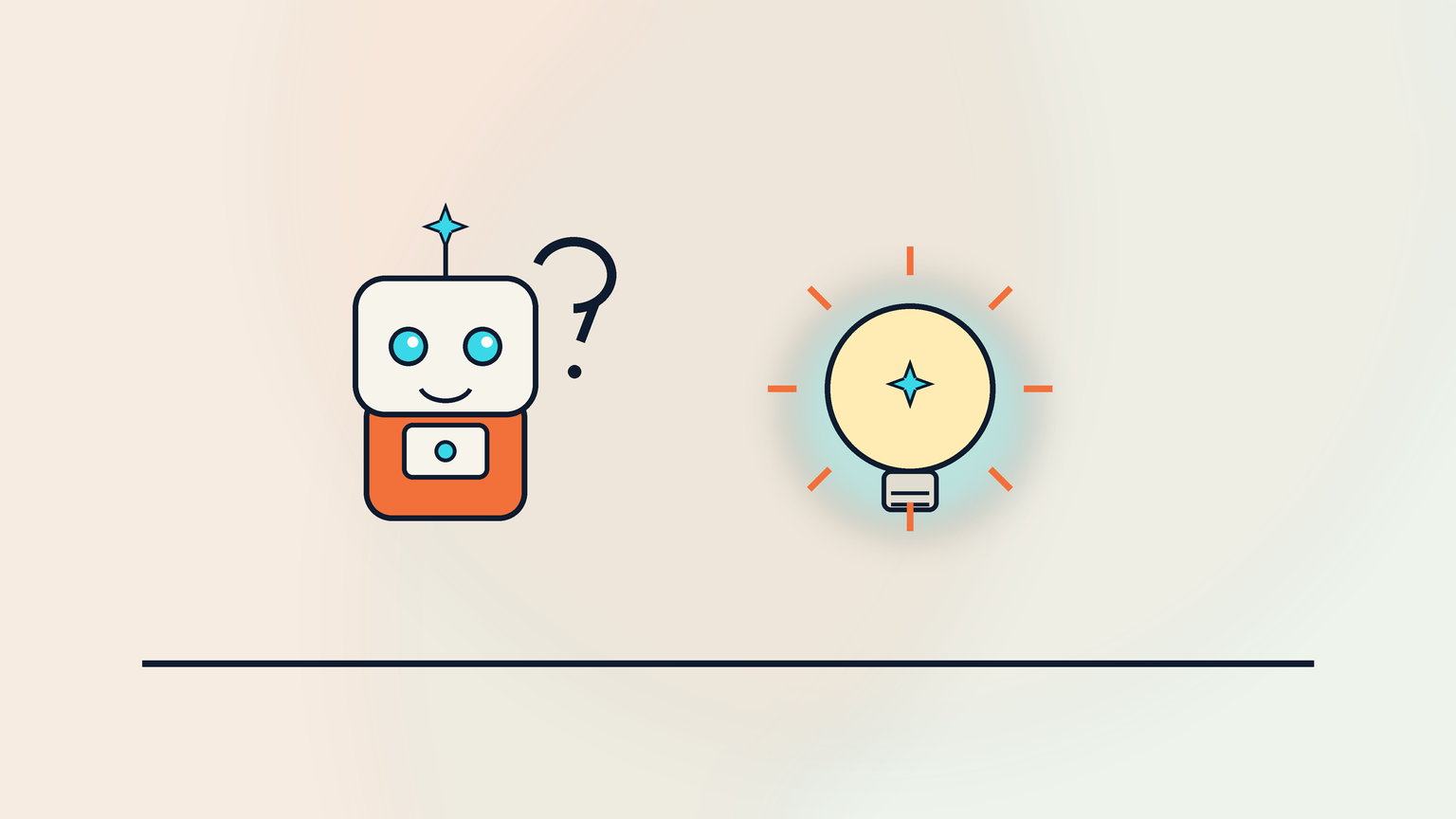 Friendly robot beside a glowing lightbulb and a question mark