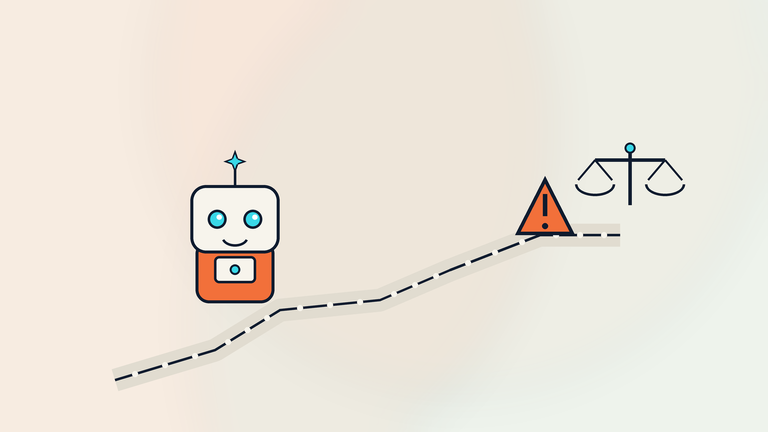 Friendly robot on a winding path beside a warning triangle and a balance scale
