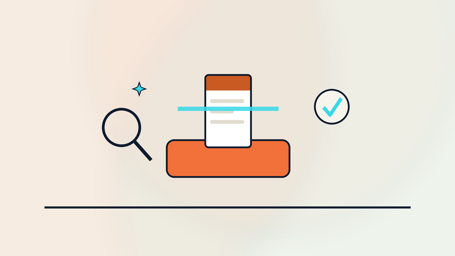 A resume page passing through a scanner with a checkmark and a magnifying glass