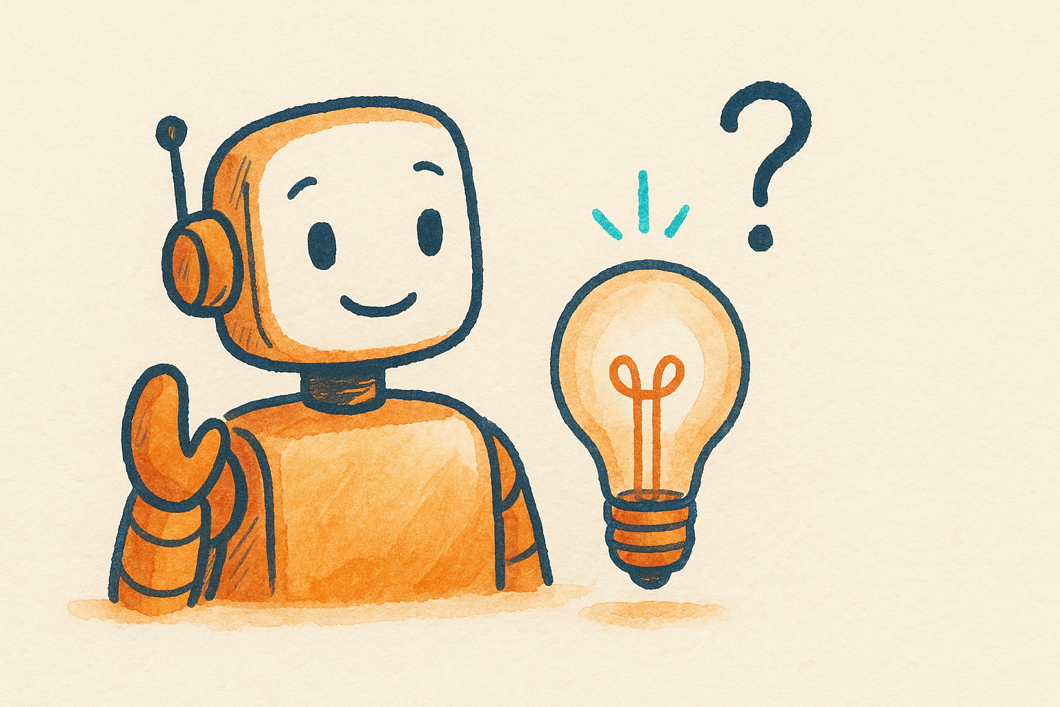 A friendly robot beside a glowing lightbulb and a question mark