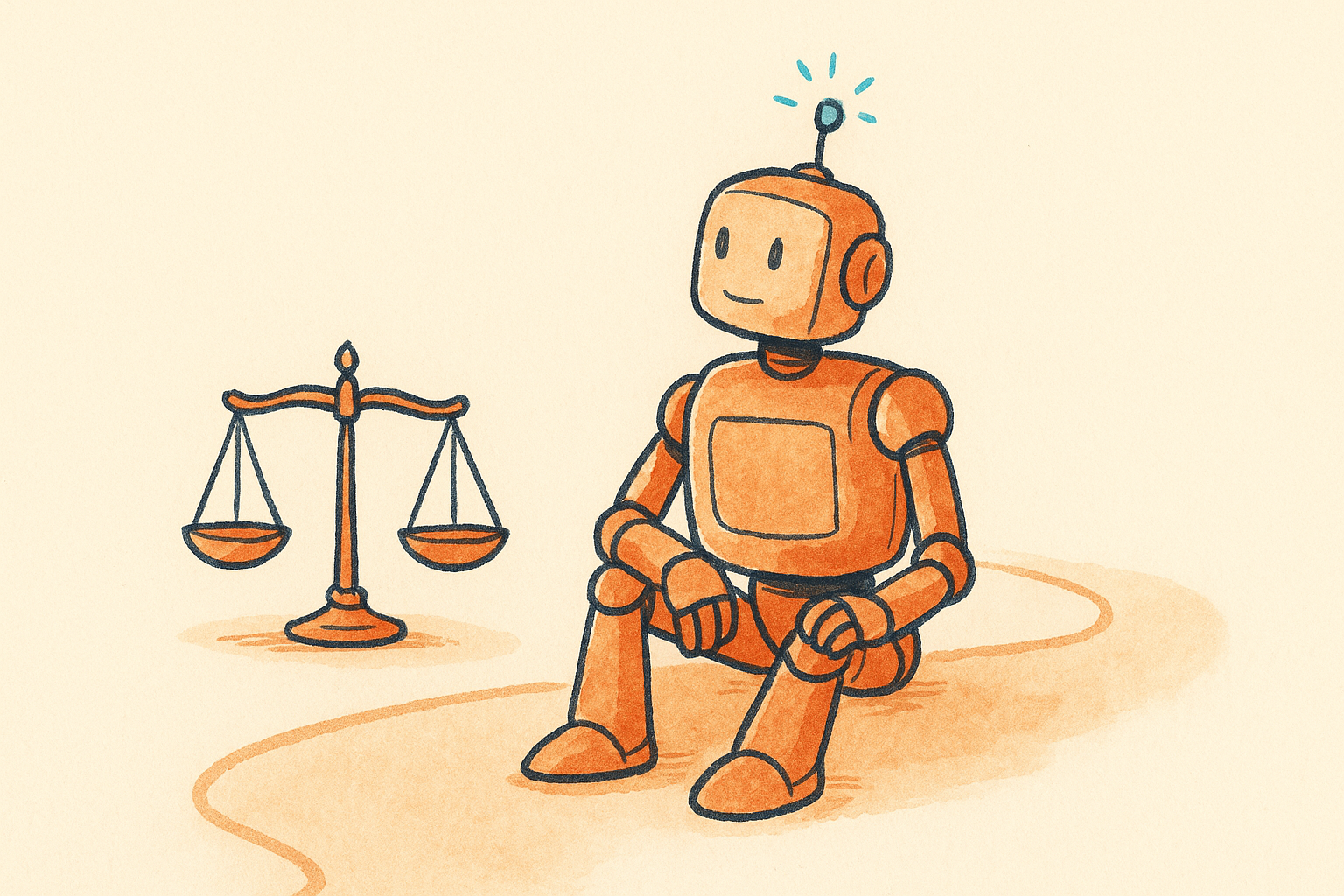 A friendly robot pausing on a winding path beside a balance scale