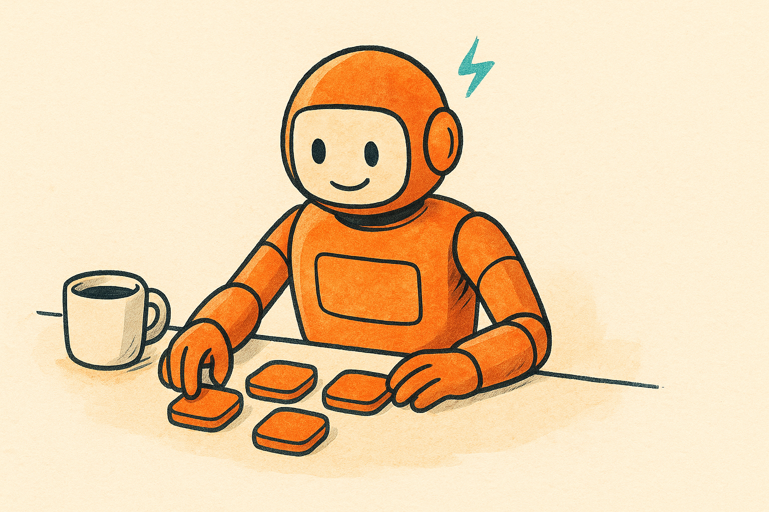 A friendly robot arranging app tiles on a tidy desk