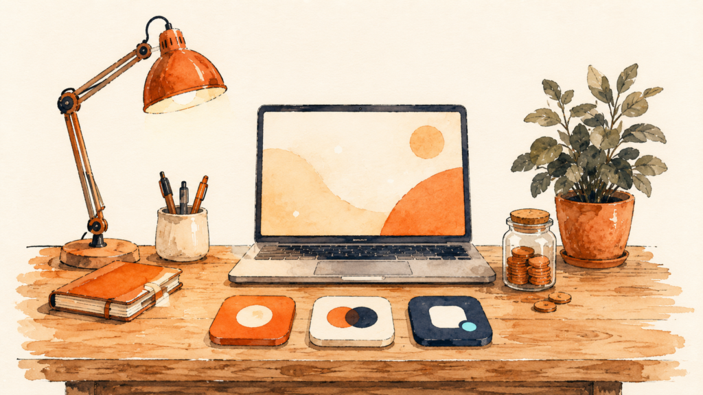 Tidy small business desk with app tiles, a coin jar, and a laptop