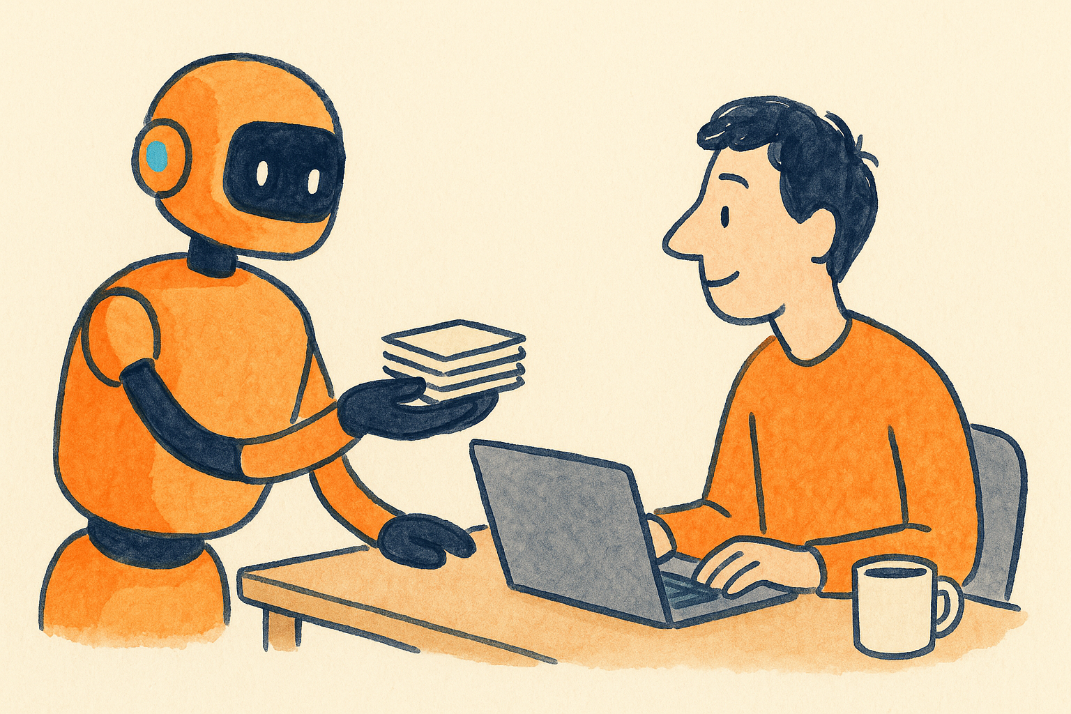 A friendly robot handing a stack of flashcards to a student at a desk, AWithoutI illustration style
