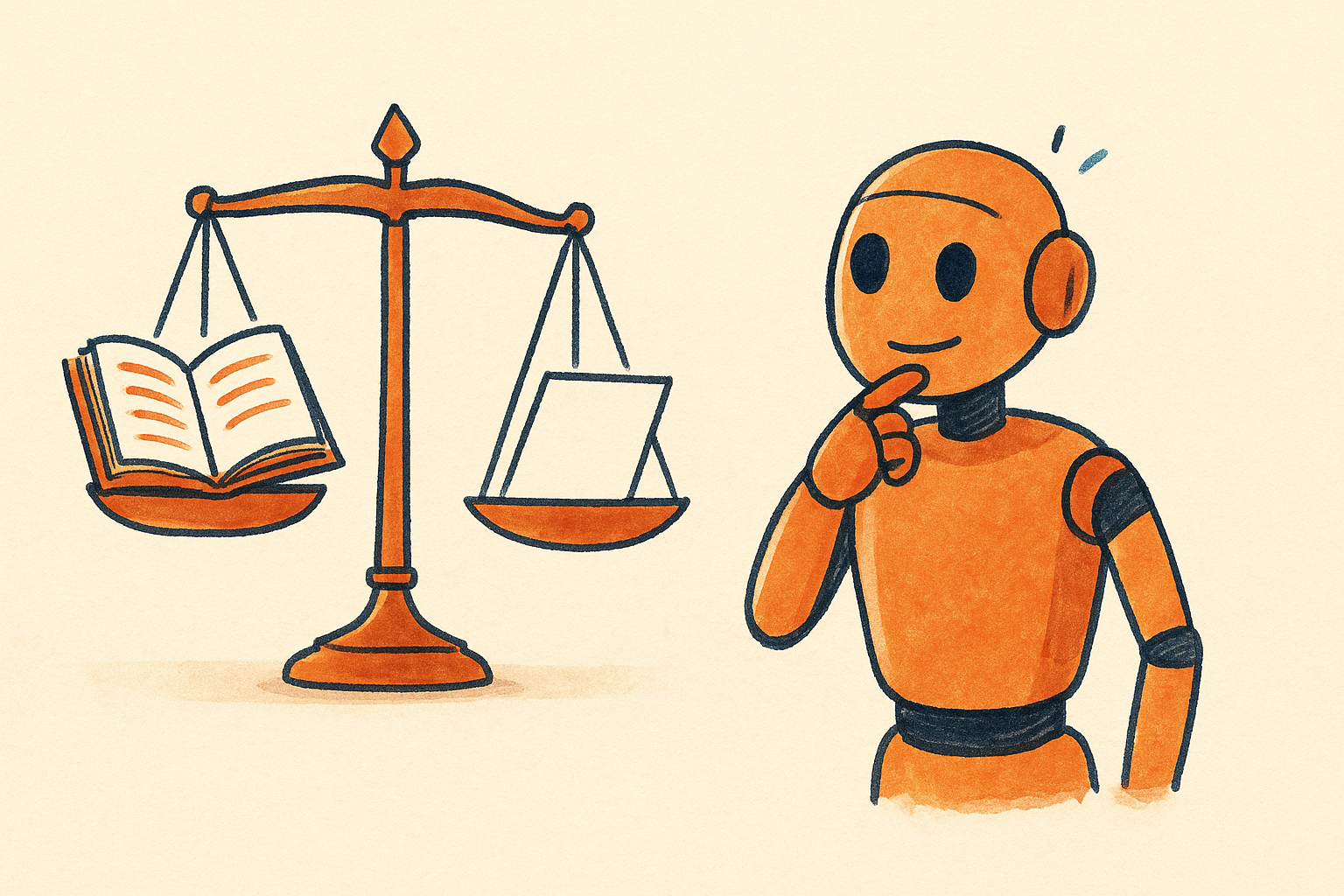A balance scale weighing an open book against a blank sheet with a friendly robot beside it, AWithoutI illustration style