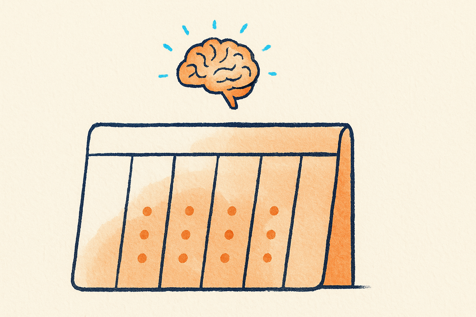 A weekly calendar with spaced review dots and a small glowing brain, AWithoutI illustration style