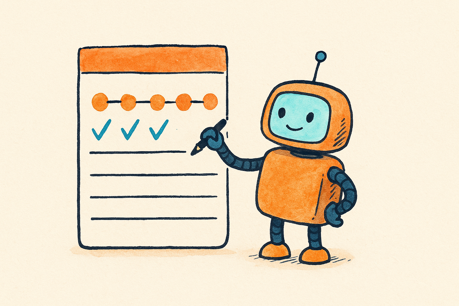 A weekly planner with milestone dots and a small robot adding checkmarks, AWithoutI illustration style