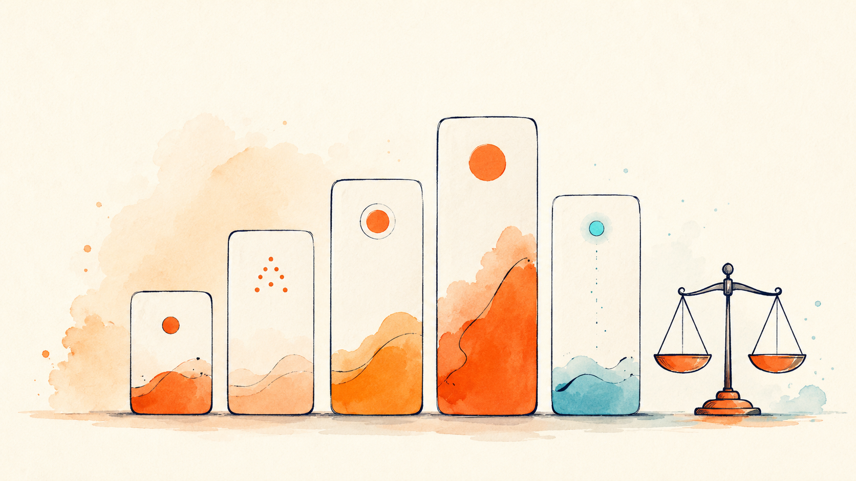 Small rounded comparison cards of different heights beside a tiny balance scale