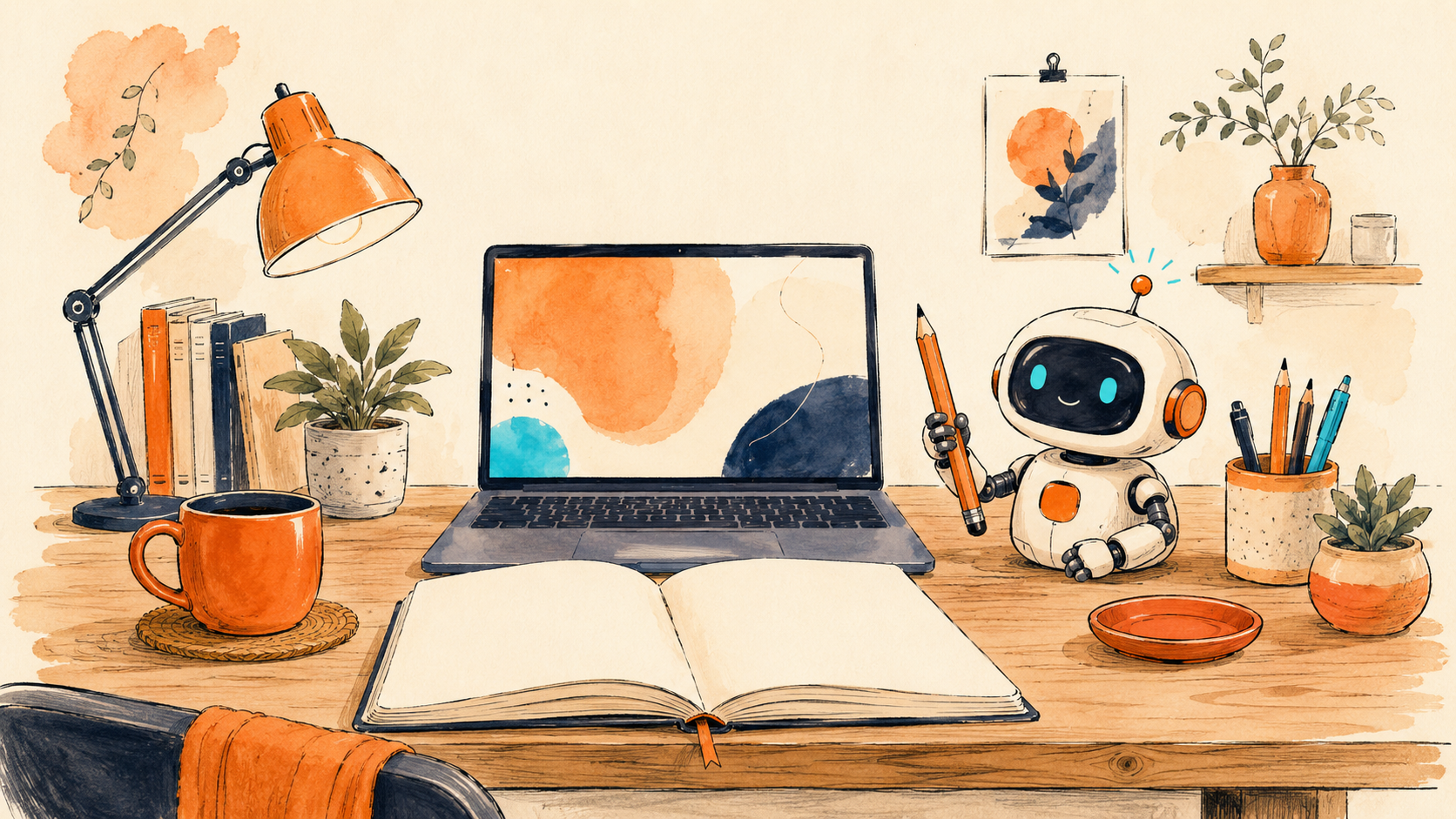 A cozy teacher's desk with a laptop, notebook, mug, and a small robot helper holding a pencil